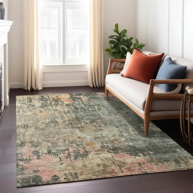 5' X 8' Sage Gray And Pink Abstract Washable Indoor Outdoor Area Rug