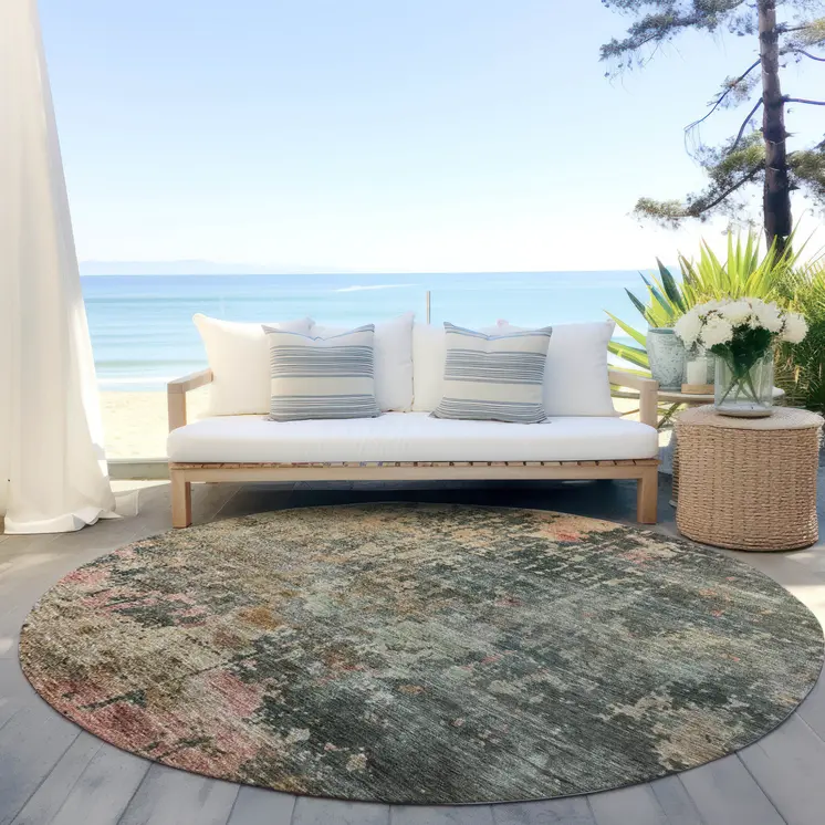 8' Sage Gray And Pink Round Abstract Washable Indoor Outdoor Area Rug
