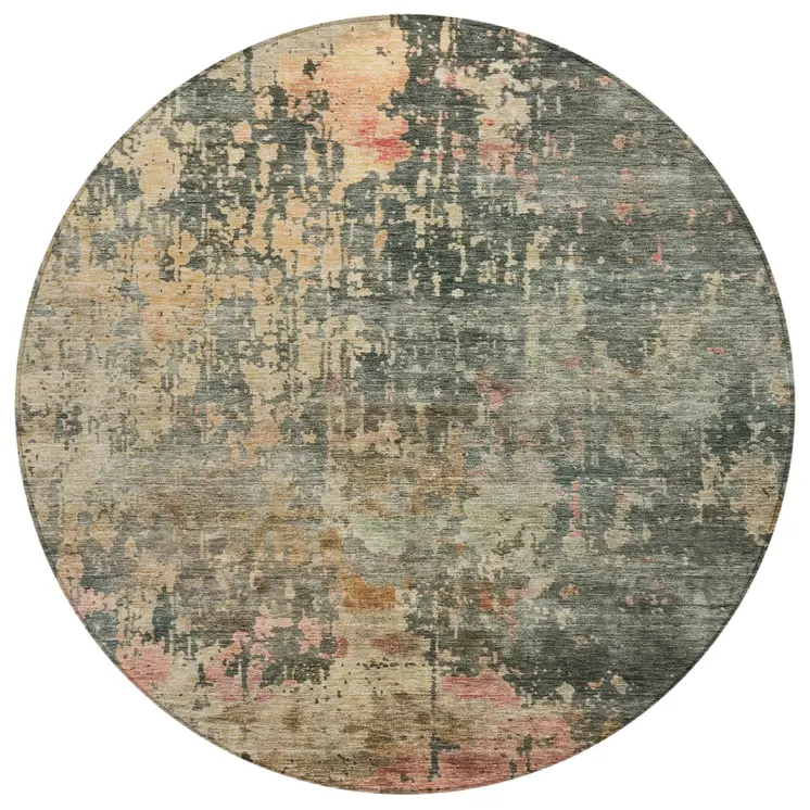 8' Sage Gray And Pink Round Abstract Washable Indoor Outdoor Area Rug