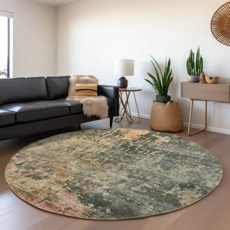 8' Sage Gray And Pink Round Abstract Washable Indoor Outdoor Area Rug