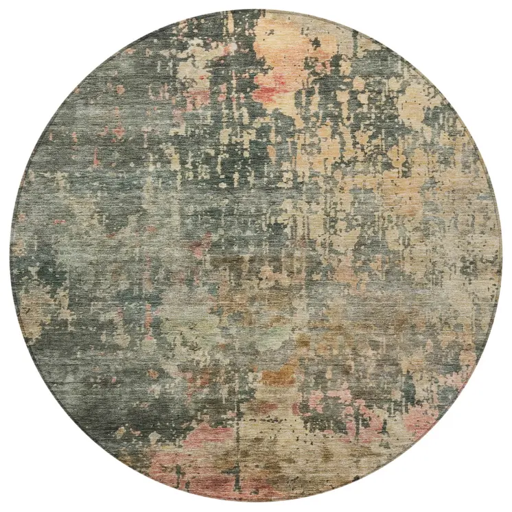 8' Sage Gray And Pink Round Abstract Washable Indoor Outdoor Area Rug