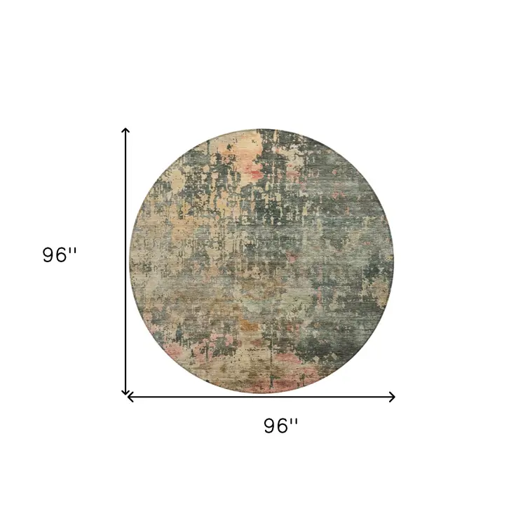 8' Sage Gray And Pink Round Abstract Washable Indoor Outdoor Area Rug