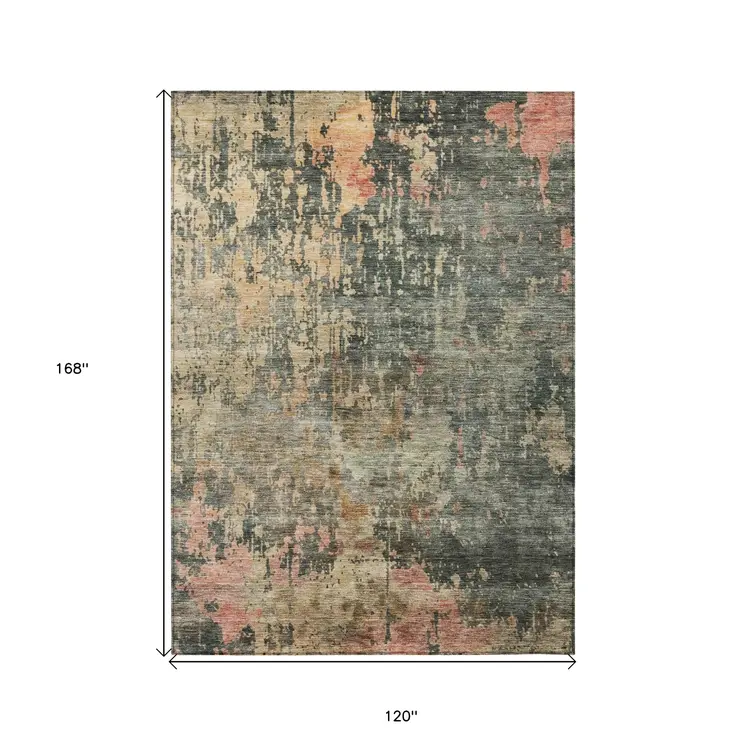 10' X 14' Sage Gray And Pink Abstract Washable Indoor Outdoor Area Rug