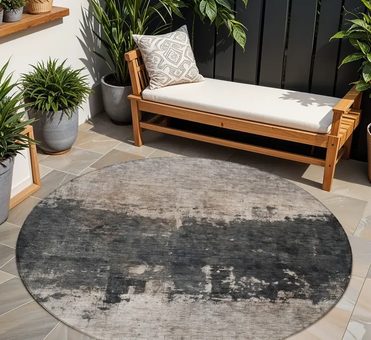 8' Taupe And Charcoal Round Abstract Washable Indoor Outdoor Area Rug