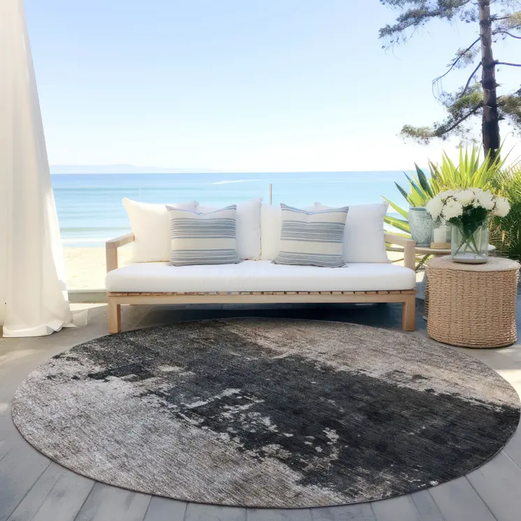 8' Taupe And Charcoal Round Abstract Washable Indoor Outdoor Area Rug