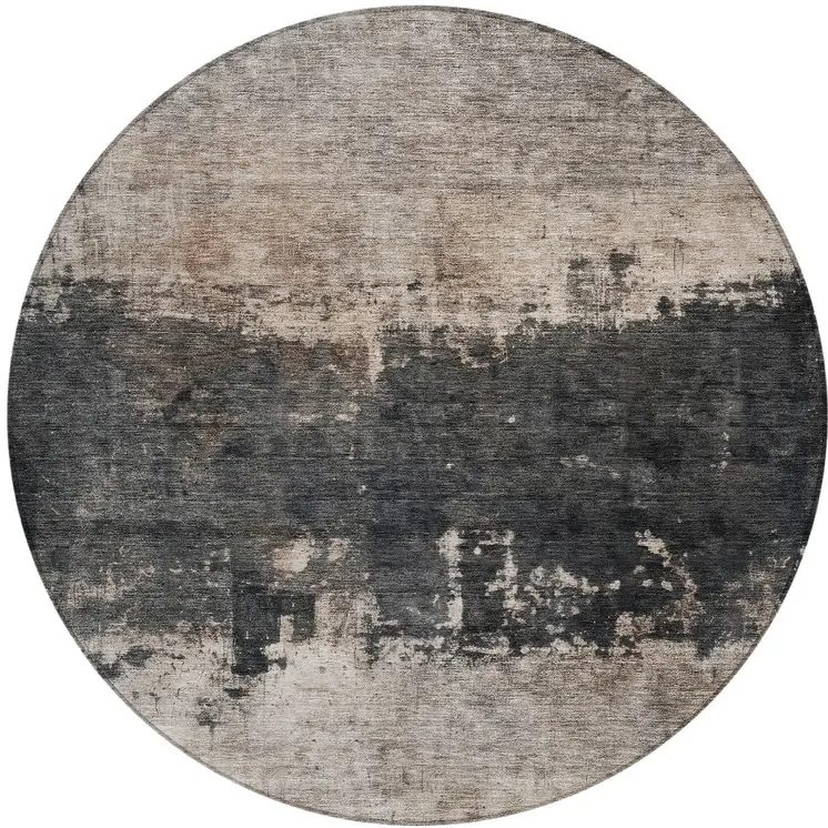 8' Taupe And Charcoal Round Abstract Washable Indoor Outdoor Area Rug