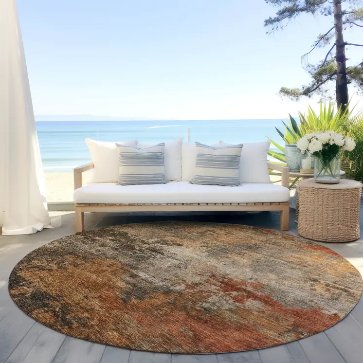 8' Khaki Brown And Copper Round Abstract Washable Indoor Outdoor Area Rug