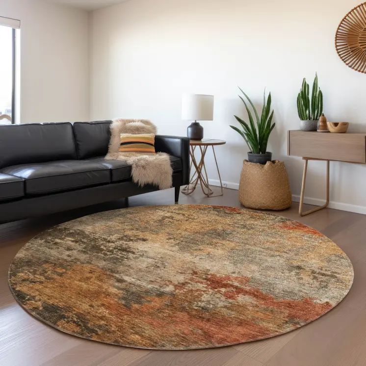 8' Khaki Brown And Copper Round Abstract Washable Indoor Outdoor Area Rug