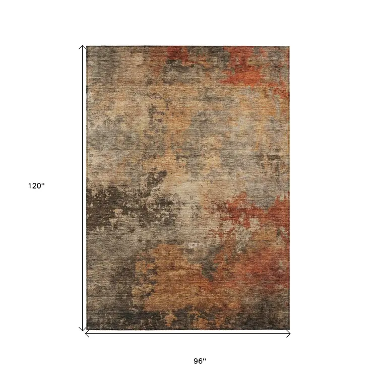 8' X 10' Khaki Brown And Copper Abstract Washable Indoor Outdoor Area Rug