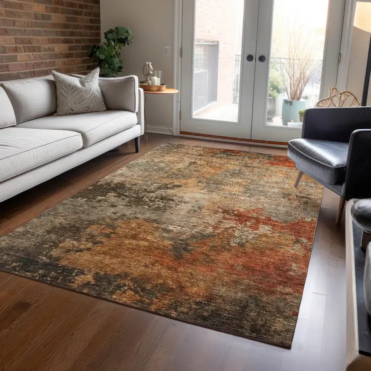 8' X 10' Khaki Brown And Copper Abstract Washable Indoor Outdoor Area Rug