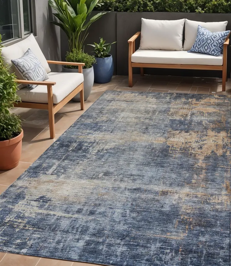 5' X 8' Denim Blue And Tan Abstract Washable Indoor Outdoor Area Rug