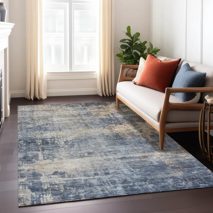 5' X 8' Denim Blue And Tan Abstract Washable Indoor Outdoor Area Rug
