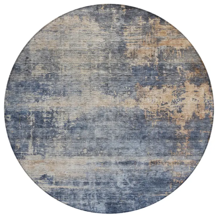 8' Denim Blue And Tan Round Abstract Washable Indoor Outdoor Area Rug