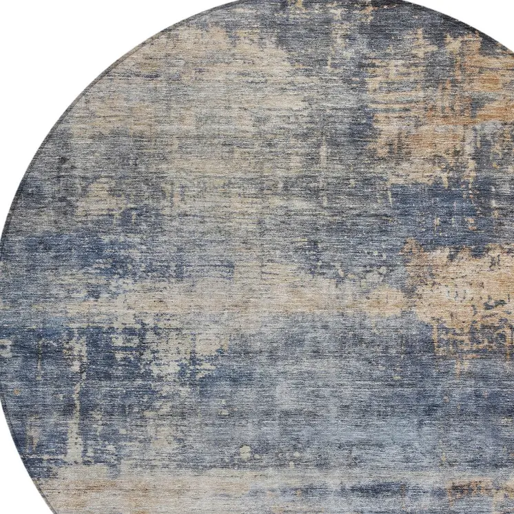 8' Denim Blue And Tan Round Abstract Washable Indoor Outdoor Area Rug