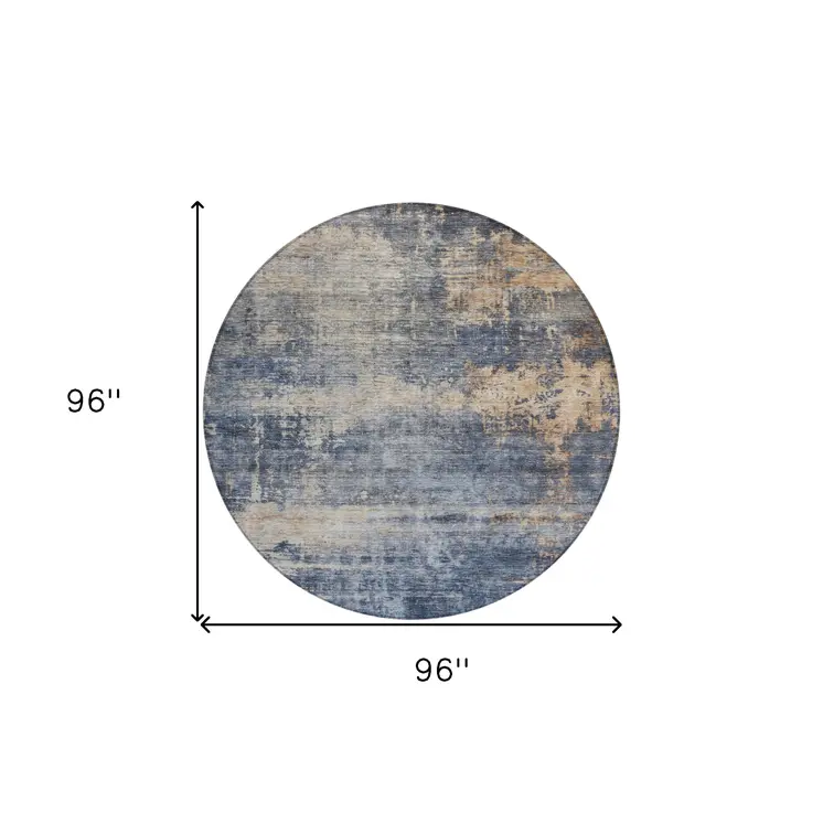 8' Denim Blue And Tan Round Abstract Washable Indoor Outdoor Area Rug