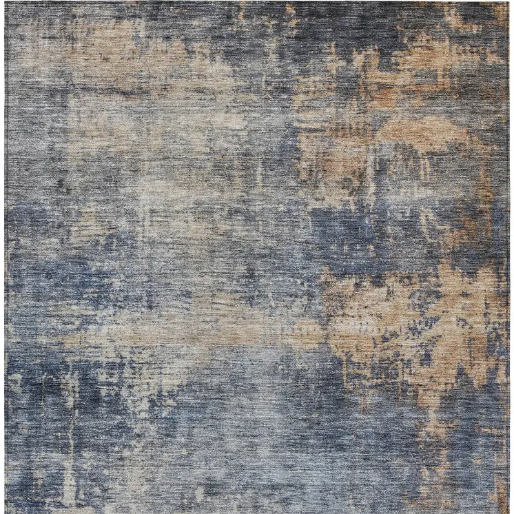 9' X 12' Denim Blue And Tan Abstract Washable Indoor Outdoor Area Rug