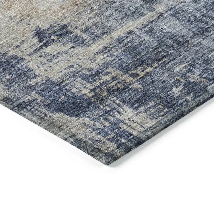 9' X 12' Denim Blue And Tan Abstract Washable Indoor Outdoor Area Rug
