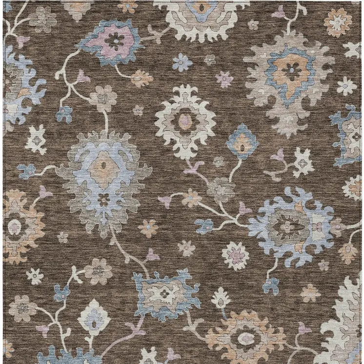 5' X 8' Chocolate Beige And Blue Floral Washable Indoor Outdoor Area Rug