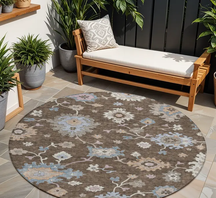 8' Chocolate Beige And Blue Round Floral Washable Indoor Outdoor Area Rug