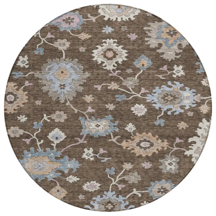 8' Chocolate Beige And Blue Round Floral Washable Indoor Outdoor Area Rug