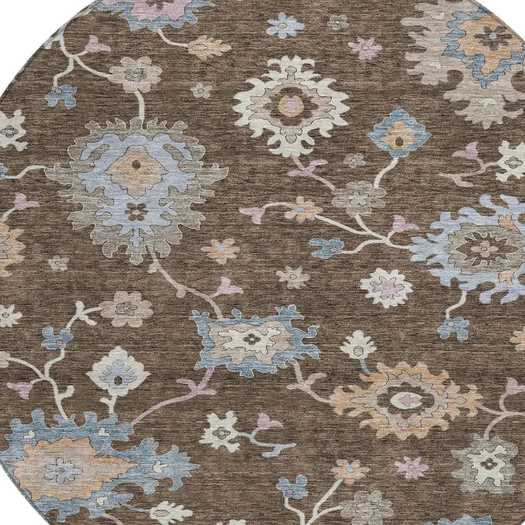 8' Chocolate Beige And Blue Round Floral Washable Indoor Outdoor Area Rug
