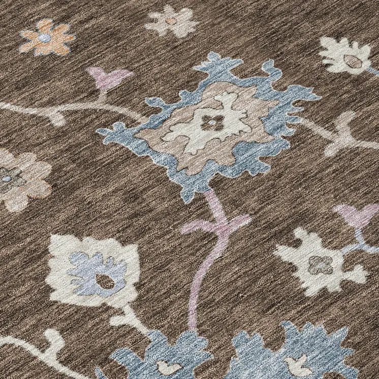 8' Chocolate Beige And Blue Round Floral Washable Indoor Outdoor Area Rug