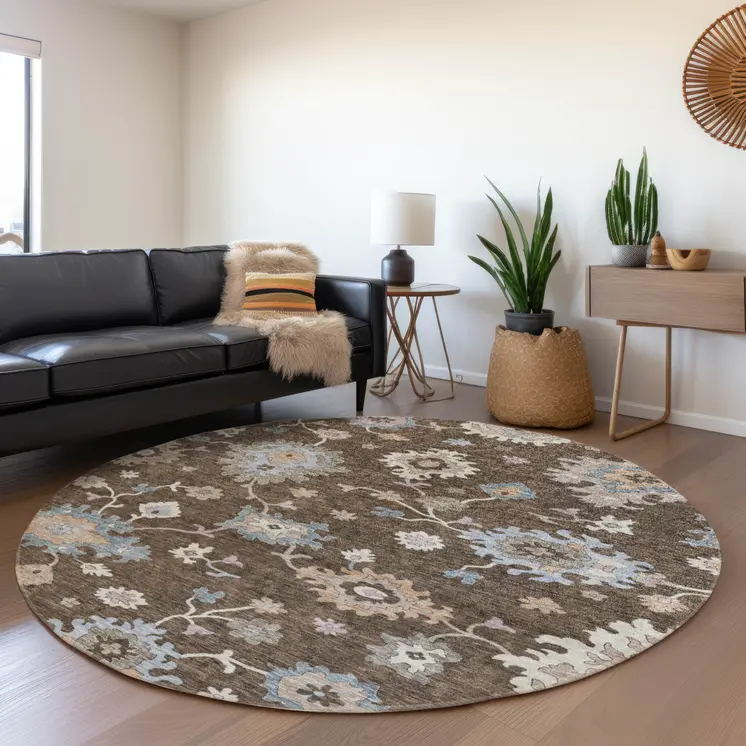 8' Chocolate Beige And Blue Round Floral Washable Indoor Outdoor Area Rug