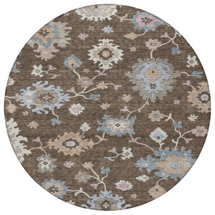 8' Chocolate Beige And Blue Round Floral Washable Indoor Outdoor Area Rug