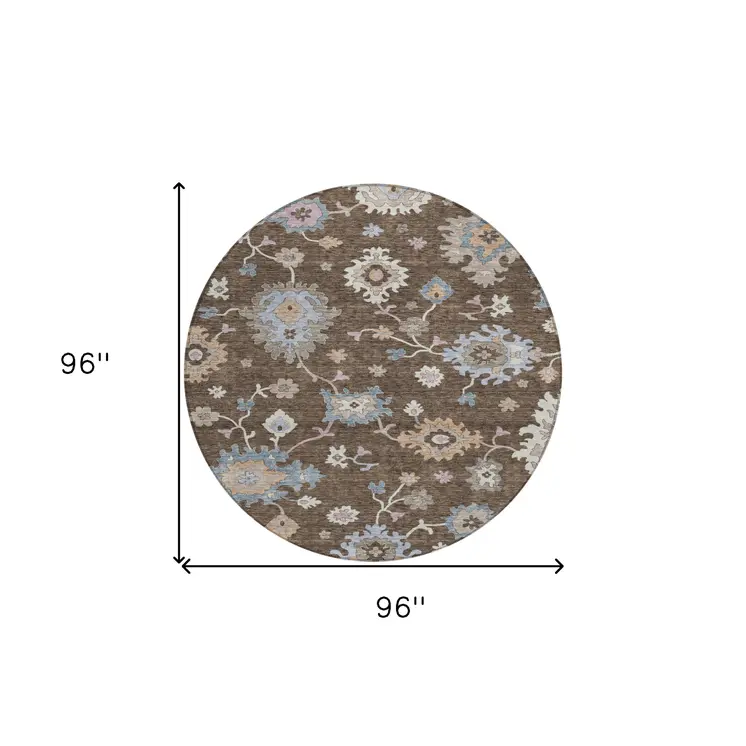 8' Chocolate Beige And Blue Round Floral Washable Indoor Outdoor Area Rug