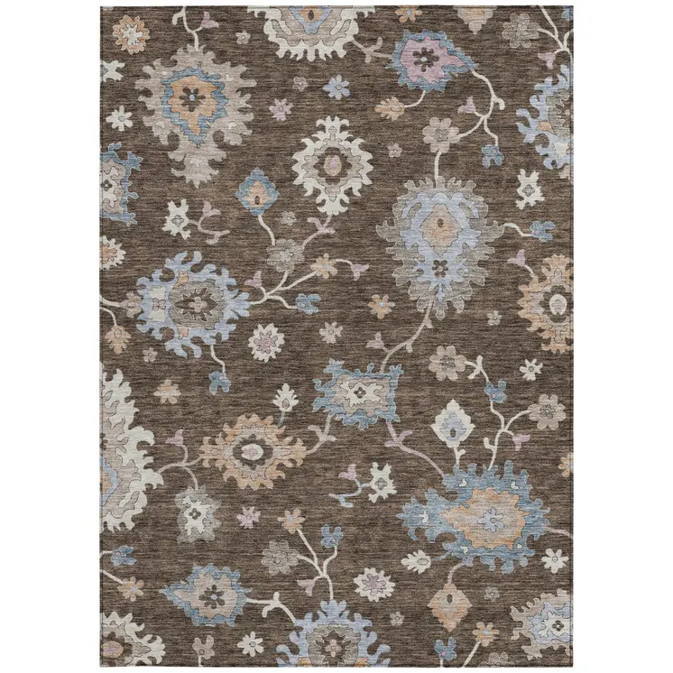 8' X 10' Chocolate Beige And Blue Floral Washable Indoor Outdoor Area Rug