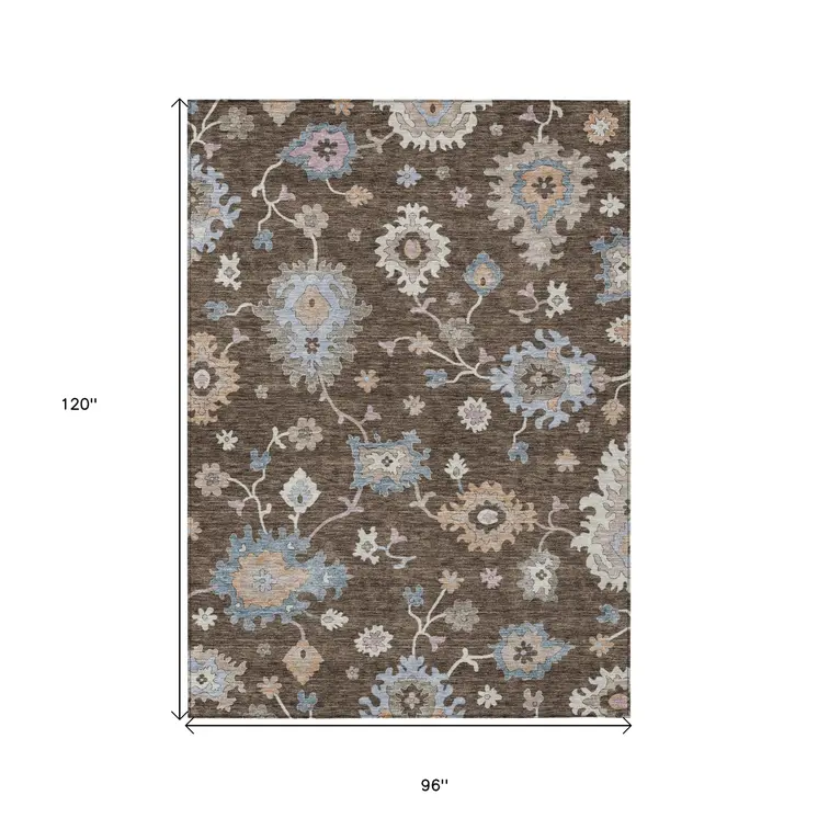 8' X 10' Chocolate Beige And Blue Floral Washable Indoor Outdoor Area Rug