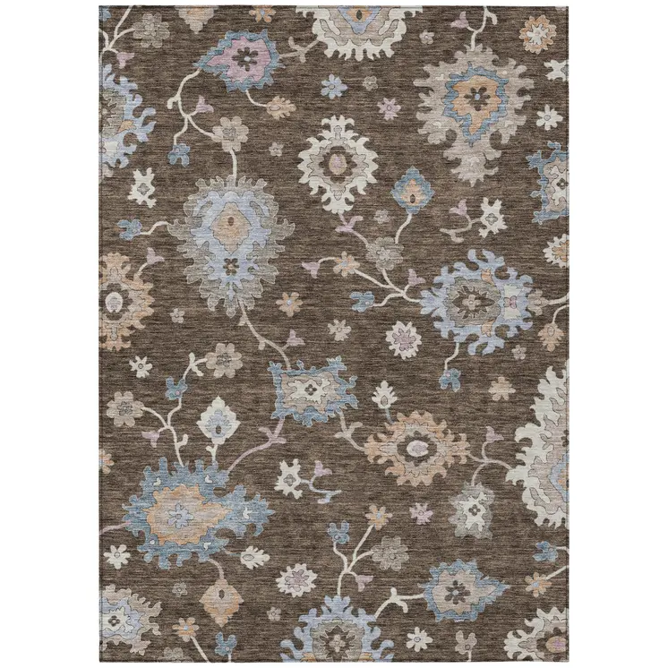 8' X 10' Chocolate Beige And Blue Floral Washable Indoor Outdoor Area Rug