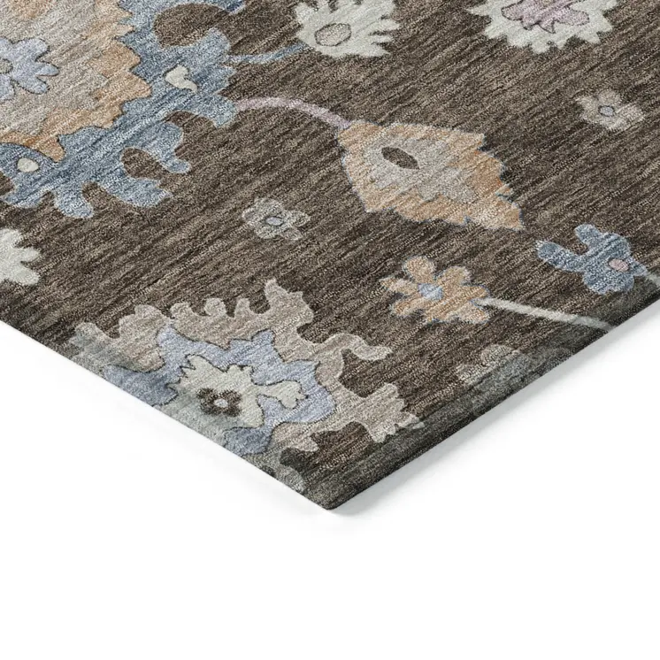 8' X 10' Chocolate Beige And Blue Floral Washable Indoor Outdoor Area Rug