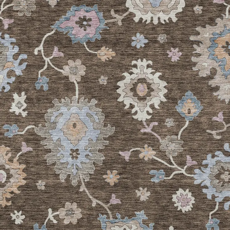 8' X 10' Chocolate Beige And Blue Floral Washable Indoor Outdoor Area Rug