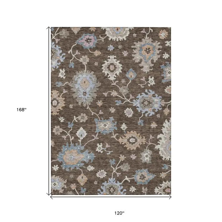 10' X 14' Chocolate Beige And Blue Floral Washable Indoor Outdoor Area Rug