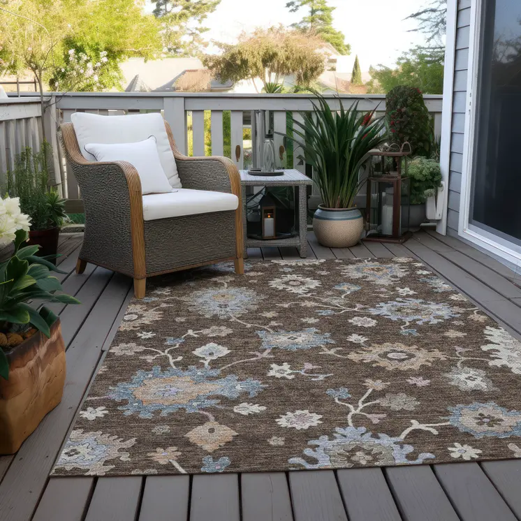 10' X 14' Chocolate Beige And Blue Floral Washable Indoor Outdoor Area Rug