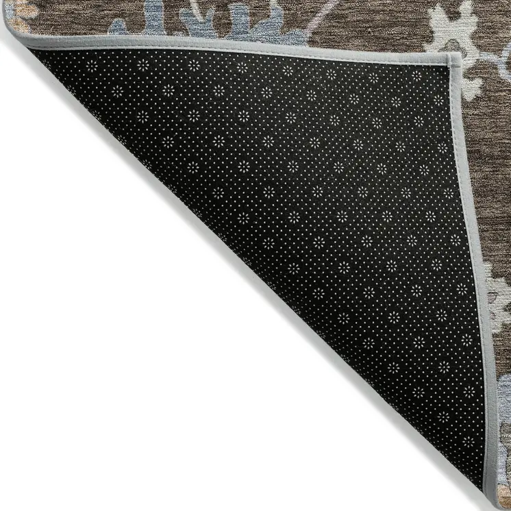 10' X 14' Chocolate Beige And Blue Floral Washable Indoor Outdoor Area Rug