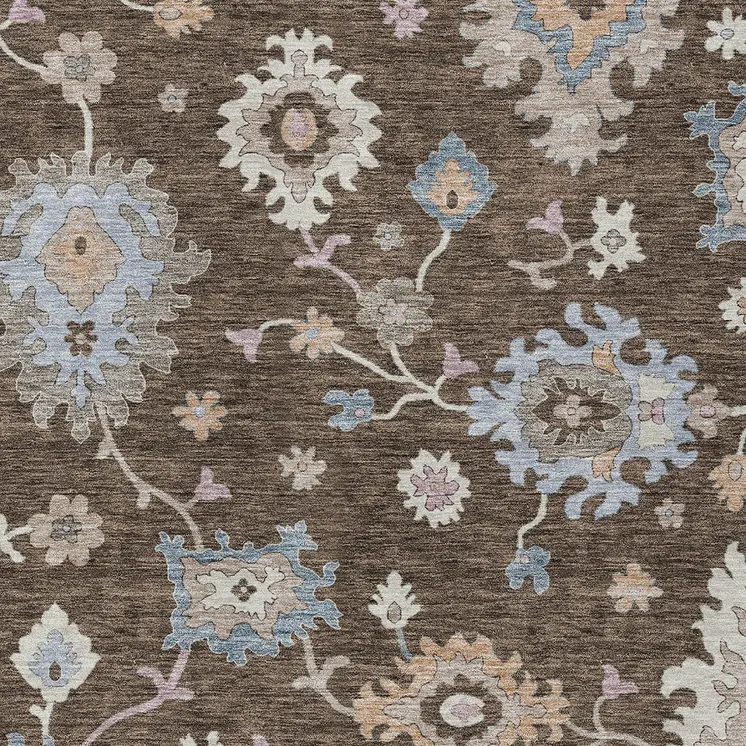 10' X 14' Chocolate Beige And Blue Floral Washable Indoor Outdoor Area Rug