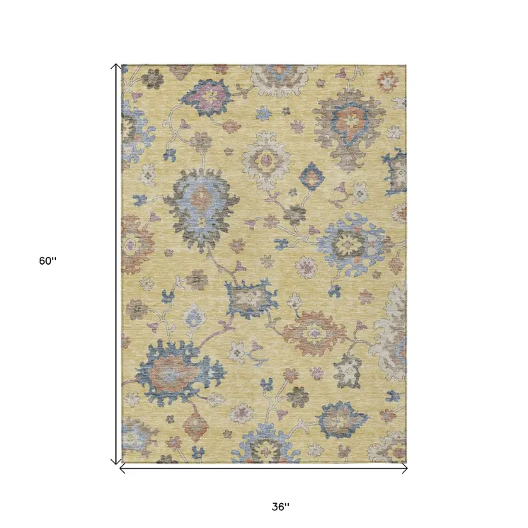 3' X 5' Gold Brown And Blue Floral Washable Indoor Outdoor Area Rug