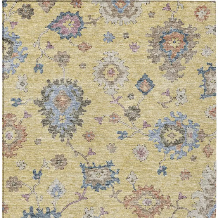 5' X 8' Gold Brown And Blue Floral Washable Indoor Outdoor Area Rug
