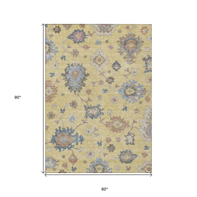 5' X 8' Gold Brown And Blue Floral Washable Indoor Outdoor Area Rug