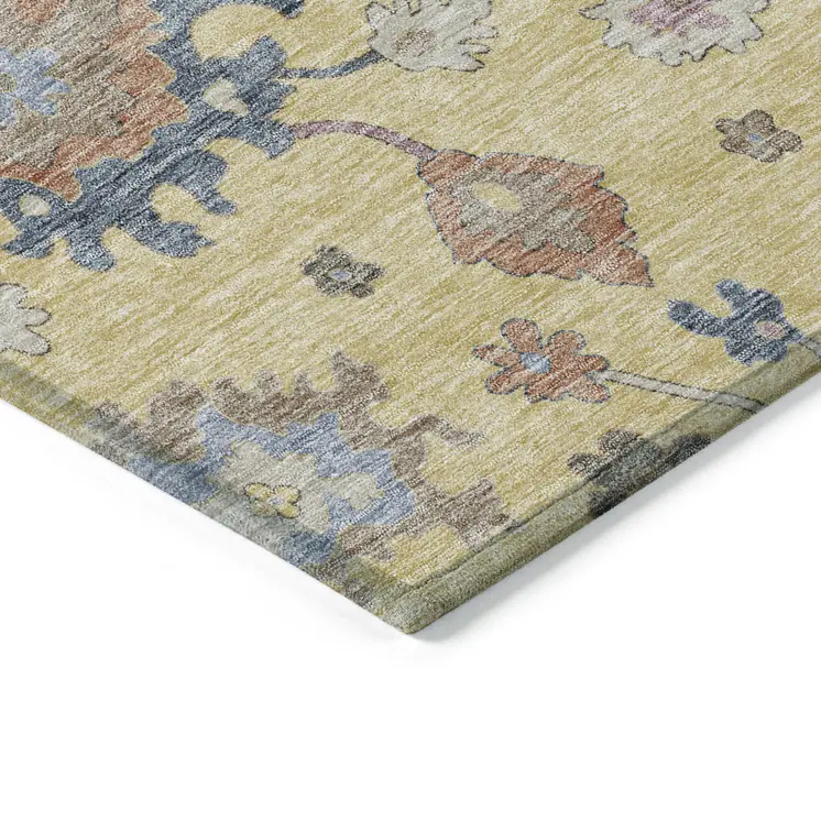 5' X 8' Gold Brown And Blue Floral Washable Indoor Outdoor Area Rug