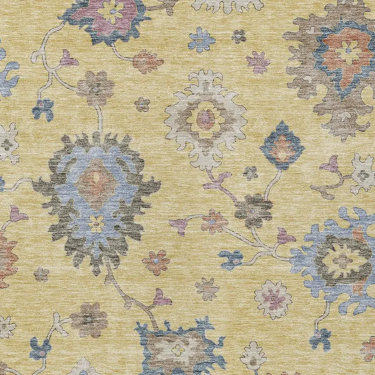5' X 8' Gold Brown And Blue Floral Washable Indoor Outdoor Area Rug