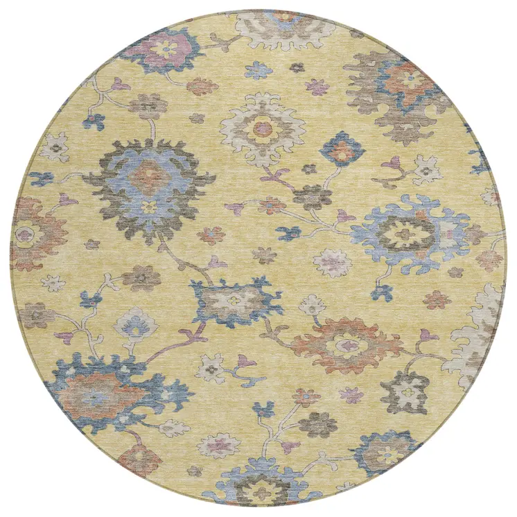 8' Gold Brown And Blue Round Floral Washable Indoor Outdoor Area Rug