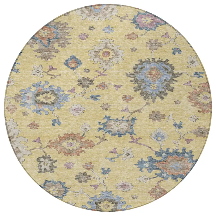 8' Gold Brown And Blue Round Floral Washable Indoor Outdoor Area Rug