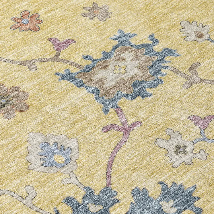 8' Gold Brown And Blue Round Floral Washable Indoor Outdoor Area Rug