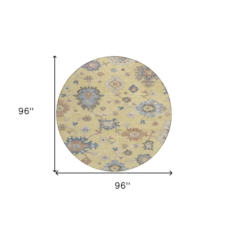 8' Gold Brown And Blue Round Floral Washable Indoor Outdoor Area Rug