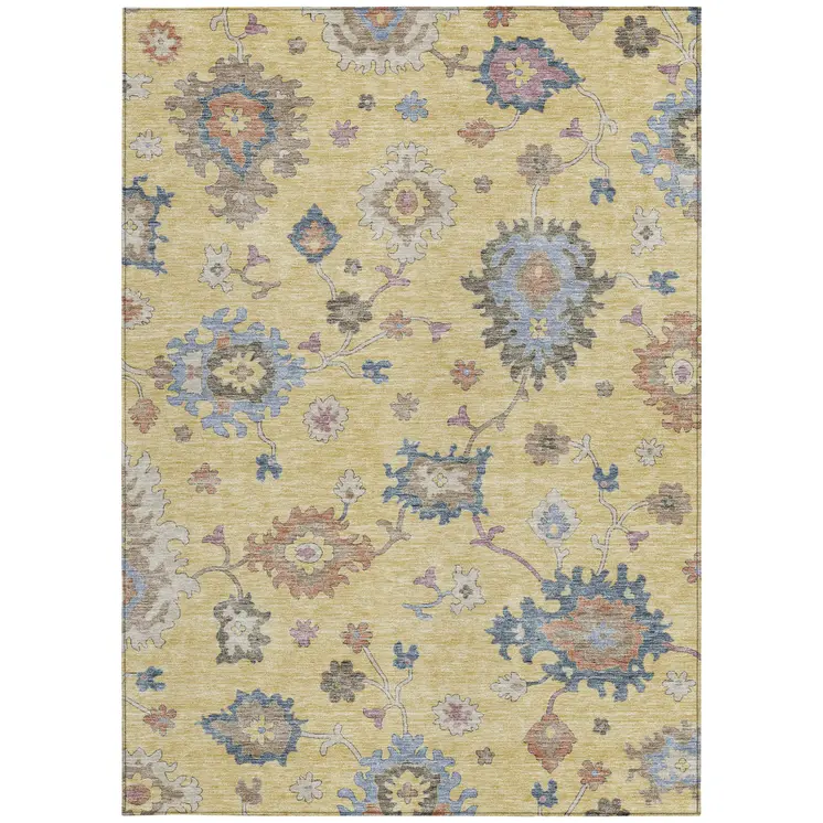 8' X 10' Gold Brown And Blue Floral Washable Indoor Outdoor Area Rug