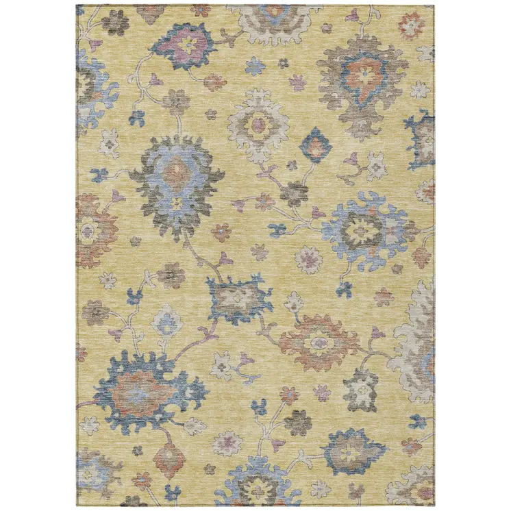 8' X 10' Gold Brown And Blue Floral Washable Indoor Outdoor Area Rug