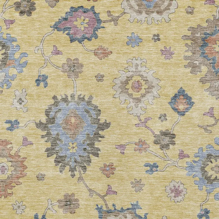 8' X 10' Gold Brown And Blue Floral Washable Indoor Outdoor Area Rug